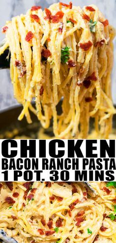 one pot bacon ranch chicken pasta is an easy and delicious side dish that's ready in under 30 minutes