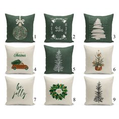 twelve christmas pillows with different designs on them, all in green and white colors for the holiday season