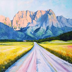 a painting of a dirt road in front of some mountains with grass and yellow flowers