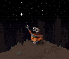 a pixellated image of a robot on top of a hill pointing at the stars