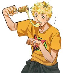 a young man brushing his teeth while wearing a yellow shirt and black shorts, holding a toothbrush to his mouth