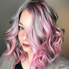 Pink and Silver Hair Silver Hair With Vivid Colors, Silver Hair With Pink Highlights, Pink Hair Over 50, Gray And Pink Hair, Pink Hair Color Highlights, Grey Hair With Pink Highlights, Pink And Grey Hair, Silver Pink Hair, Silver And Pink Hair