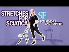 a woman standing on top of a trampoline with the words stretches for sciatica