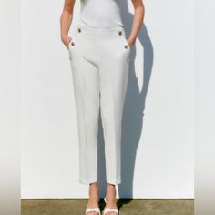 High Waisted Pants With Elastic Waistband At Back. Front Pockets With False Golden Buttons And Back False Welt Pockets. Straight Leg. I Bought Them But They Don’t Fit Me. Never Worn Other Than Trying On! White | 9929/020 White Straight Leg Pants, Zara Jumpsuit, Zara White, Zara Pants, Straight Leg Pants, High Waisted Pants, Welt Pockets, Leg Pants, Pant Jumpsuit