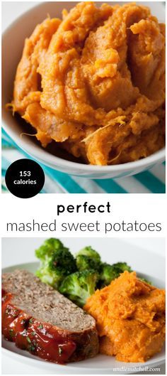 mashed sweet potatoes and broccoli are the perfect side dishes for thanksgiving dinner