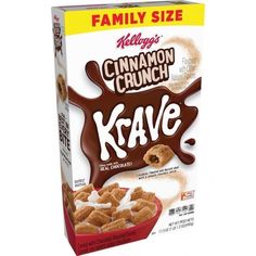 a box of cinnamon crunch krave cereal on a white background with the word, family size new