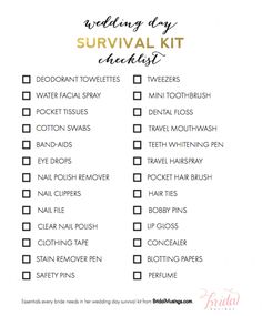 the wedding day survival checklist is shown in black and white with gold foil on it