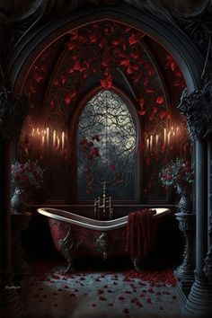 an old fashioned bathtub with roses on the floor in front of a stained glass window