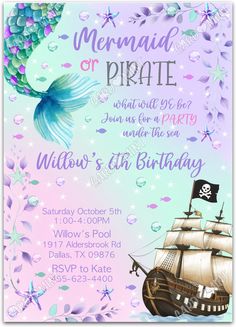 an image of a birthday party with a mermaid and pirate ship on the ocean background