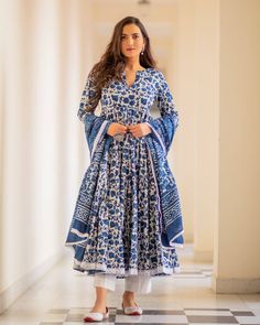 Cotton Dress Set - Indigo Colored Dabu Print - www.riafashions.com White Anarkali, Blue Anarkali, Kurta With Palazzo, Pink Anarkali, Cotton Anarkali, Anarkali Kurti, Anarkali Kurta, Dupatta Set, Printed Cotton Dress