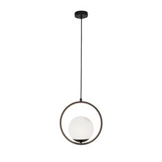 a white ball hanging from a black metal ring on a light fixture that is suspended above it