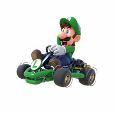 the mario kart is going down the track with his hands on the steering wheel