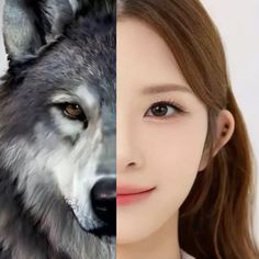 two different pictures of the same woman and wolf