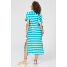 Blue stripe cotton (100% Cotton). Shirt Dress. Short sleeves. Collar. Front button closure. 54" from shoulder to hemline. Imported. Cotton Short Sleeve Dresses With Vertical Stripes, Cotton Dress With Vertical Stripes And Short Sleeves, Summer Vertical Stripes Shirt Dress For Daywear, Striped Cotton Shirt Dress For Spring, Blue Cotton Shirt Dress For Summer, Striped Cotton Beach Shirt Dress, Striped Cotton Shirt Dress For Beach, Spring Striped Cotton Shirt Dress, Striped Short Sleeve Shirt Dress For Vacation