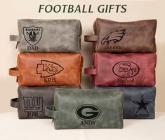 several different colors and logos are shown on this set of four leather pouches with the words, football gifts