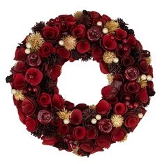 a christmas wreath with red velvet flowers and gold ornaments on it, isolated against a white background