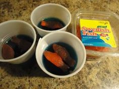 three bowls filled with soup and carrots next to a package of fish fillers