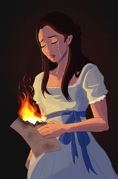 a woman in a white dress holding a book with fire coming out of her chest