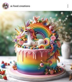 a rainbow cake decorated with flowers and unicorns