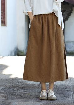 Lasaky - Cotton Linen Handmade Sand-Washed Design Midi Skirt in Vintage Style Long Linen Skirt Outfit, Linen Skirt Outfit, Long Cotton Skirt, Long Linen Skirt, Linen Midi Skirt, Body Skirt, Handmade Skirts, Half Body, Linen Skirt