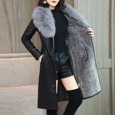 Women Plus Velvet Faux Leather Jacket Fashion Big Fur Collar Pu Leather Long Coat Female Thick For 2021 Autumn Winter New sold by Haki Store on Storenvy Autumn Jacket Women, Winter Leather Jackets, Long Leather Coat, Mini Robes, Fur Fashion, Fall Jackets, Winter Coats Women, Leather Jackets Women, Fur Collar