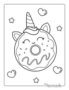 a donut with a unicorn horn and stars on it's head coloring page