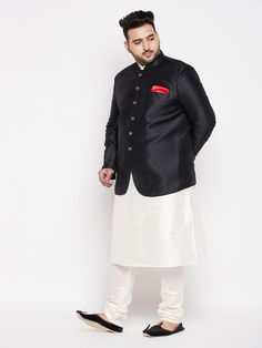 VASTRAMAY Plus Size Men's Black Silk Blend Jodhpuri With Cream Kurta Pyjama Set Enhance your ethnic wardrobe with this stylish black silk blend Jodhpuri paired with a cream Kurta Pyjama set. Perfect for special occasions and celebrations. Key Features: Color: Black and Cream Material: Silk Blend Size: Plus Size Includes: Jodhpuri, Kurta, Pyjama Specifications: Brand: VASTRAMAY Style: Jodhpuri Set Occasion: Ethnic, Festive Fit: Comfortable Material & Care: Blend: Silk and Cotton Wash Care: Dry cl Semi-formal Traditional Kurta For Diwali, Festive Traditional Wear For Semi-formal Occasions, Semi-formal Traditional Wear For Festivals, Traditional Semi-formal Kurta For Festive Occasions, Traditional Bandhgala For Semi-formal Events, Traditional Nehru Jacket For Diwali Semi-formal, Traditional Nehru Jacket For Diwali Semi-formal Occasion, Semi-formal Kurta With Pallu For Diwali, Traditional Semi-formal Nehru Jacket For Diwali