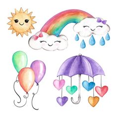 watercolor drawing of rainbows, clouds, and umbrellas with hearts on them