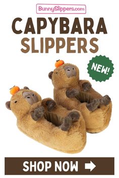 two stuffed animals sitting on top of each other in slippers with the caption shop now