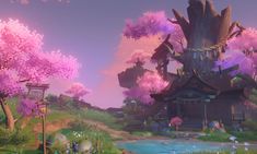 an animated landscape with pink trees and flowers