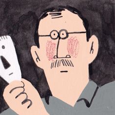 a drawing of a man holding a cell phone up to his face with one eye open