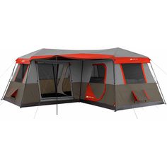 an orange and gray tent with the door open