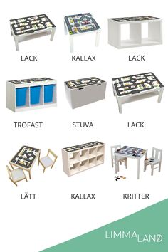 different types of children's table and chairs with their names on the top one