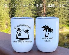 two matching tumblers with palm trees and the words best loved together on each one