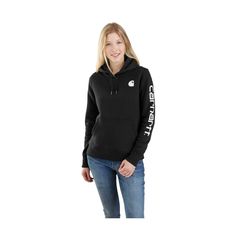 Work hard, play hard. The Carhartt� Relaxed Fit Midweight Logo Sleeve Graphic Sweatshirt for Ladies can do both. The heavy-duty 10.5-oz., 73% cotton/27% polyester fabric is just as comfortable as it is tough, so you can stay focused on the task at hand. The front pouch pocket sports a hidden media pocket for convenience. Other features include an attached, 3-piece hood and ribbed cuffs and waistband. The Carhartt Clarksburg Sleeve Logo hoodie for women is the ideal choice for a cold day on the j Yoga Iyengar, Carhartt Womens, Carhartt Women, Black Women Fashion, Country Outfits, Rock Revival, Black & White, Graphic Hoodies, Pullover Sweatshirt