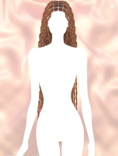 a woman with long hair standing in front of a pink background