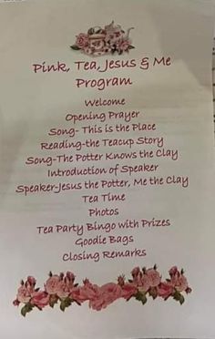 a menu for a tea party with pink flowers on it