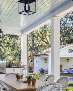 an outdoor kitchen and dining area is shown