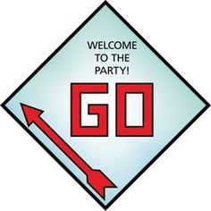 a sign that says welcome to the party go with an arrow pointing up at it