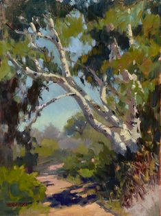 an oil painting of trees and dirt road