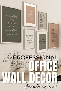 the office wall decor is displayed in various frames