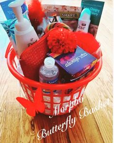 a red basket filled with lots of different items