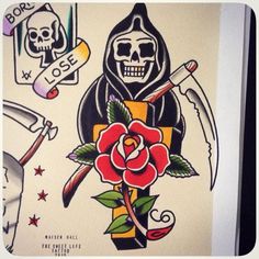 an image of a tattoo design with roses and skulls on the back of a sheet of paper