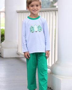 Get ready for the holiday season with our Christmas Tree Applique Blue Stripe Boys Pant Set! This adorable set features three charming Christmas tree appliques on a blue striped shirt, paired with knit green pants. Perfect for church, school, and play dates, this set will have your little one looking festive and stylish. Don't miss out on this must-have addition to your child's holiday wardrobe! Christmas Tree Applique, Boys Pant, Tree Applique, Style Bubble, Pajama Romper, Bloomers Shorts, Charming Christmas, Blue Striped Shirt, Street Kids