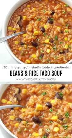 bean and rice taco soup in two bowls with spoons