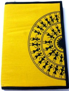 a yellow and black cloth with an image of people in circles on the inside of it