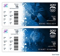 two tickets for the vancouver 2010 winter olympics are shown in blue and white with an image of a hockey player on it