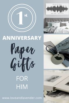 the anniversary paper gifts for him are on display in this collage with text that reads,