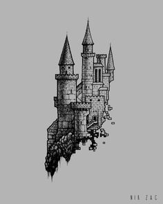 a black and white drawing of a castle