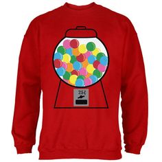 a red sweatshirt with a gum ball machine on it